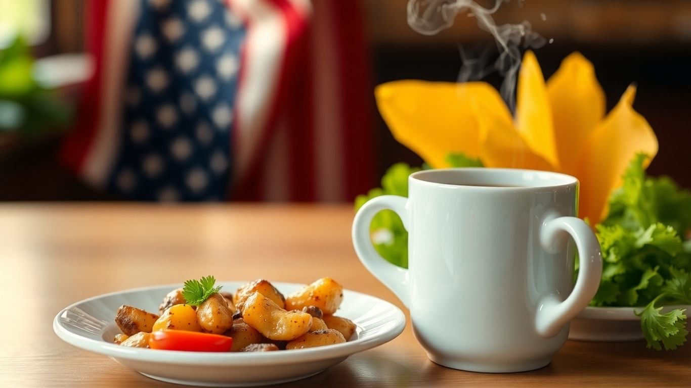 Coffee and food with American flag background