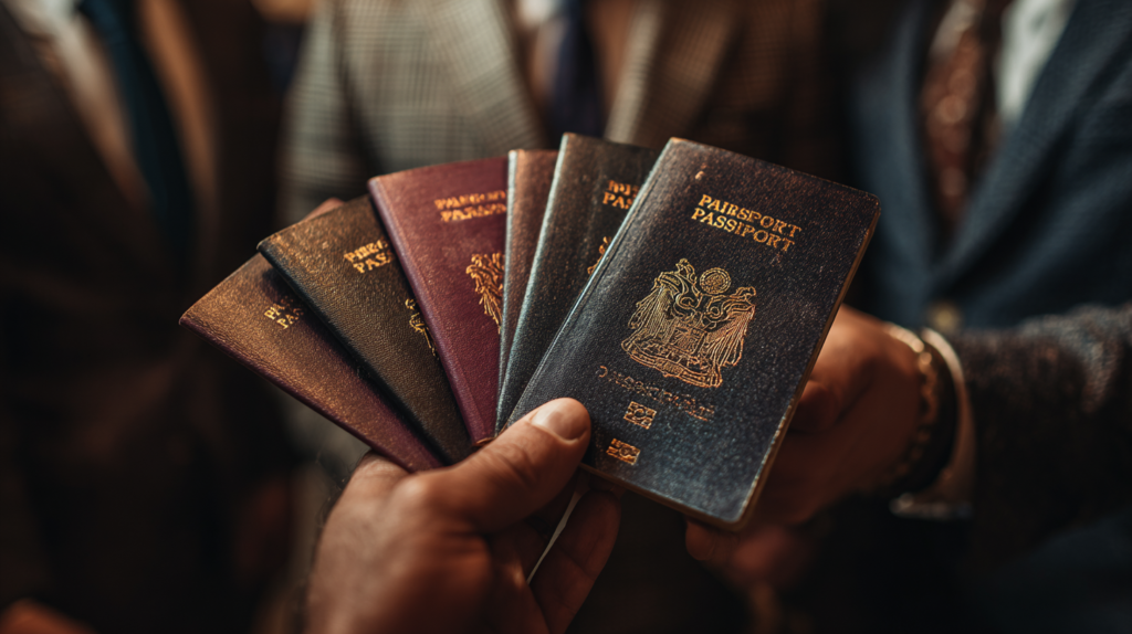Multiple passports held up, symbolizing travel and wealth.