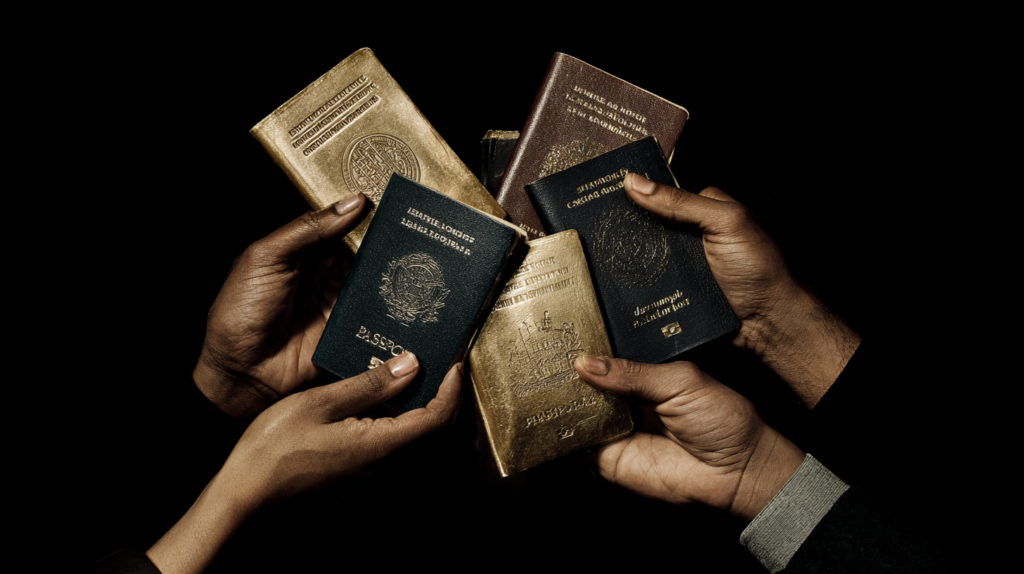 Multiple passports held up, symbolizing travel and wealth.