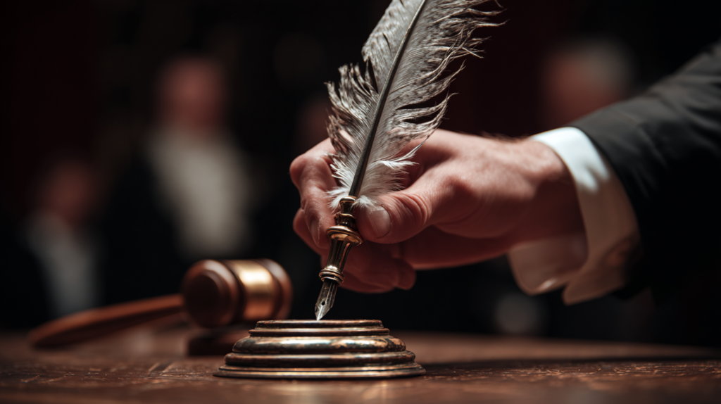 Presidential hand with quill pen over a gavel.