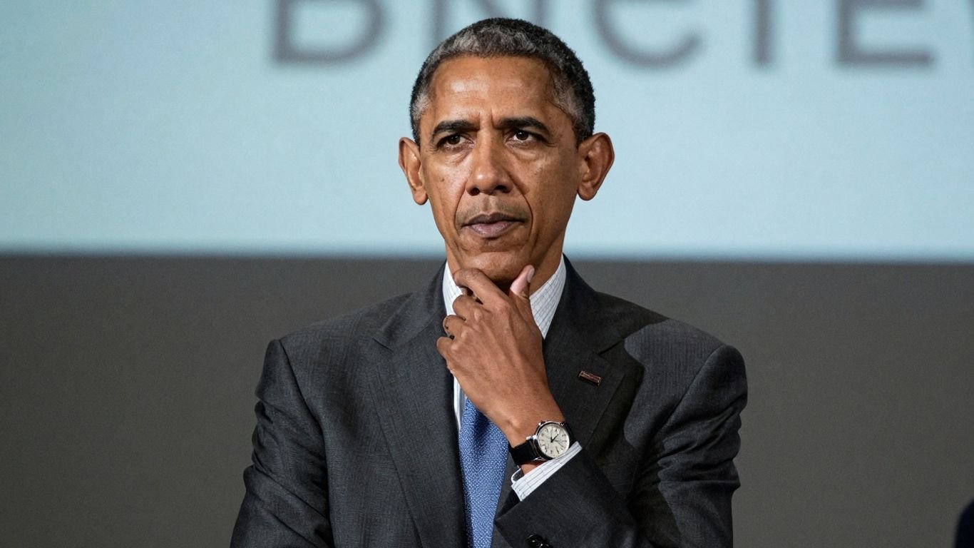 Obama looking thoughtful, abstract background suggesting hidden meanings.