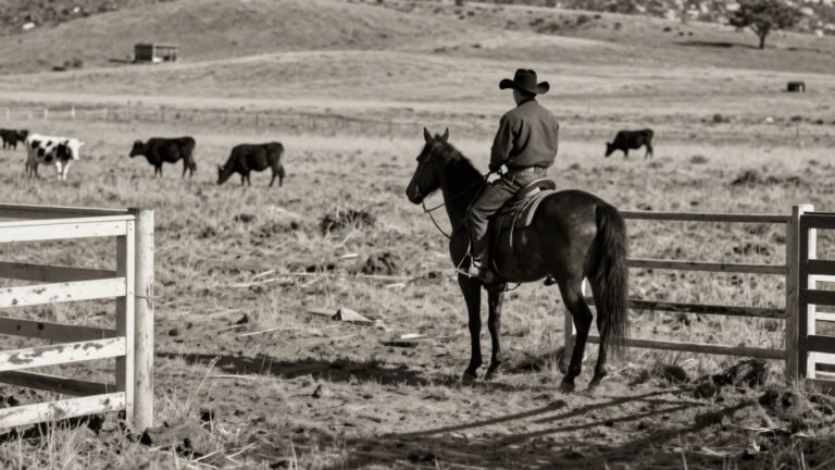 Cowboy on horseback in a dry pasture with cattle.