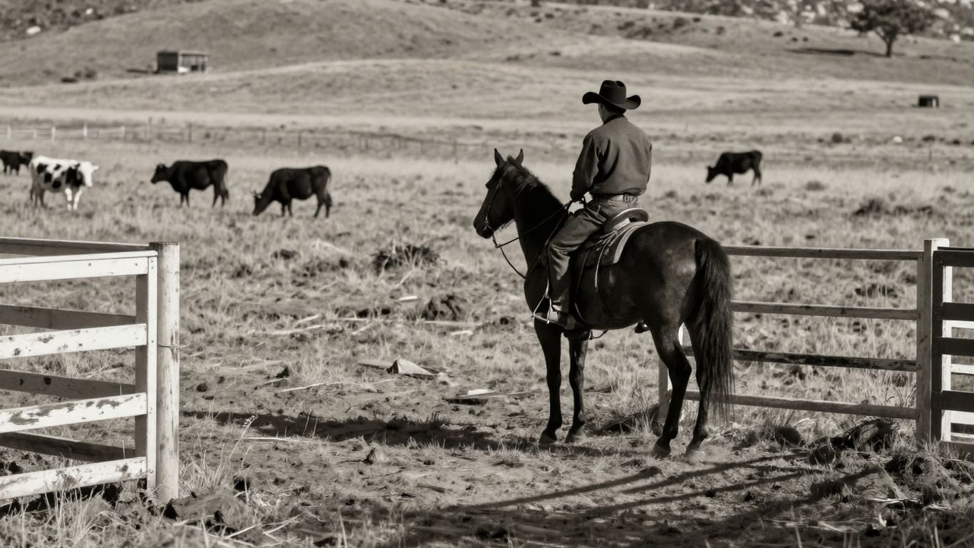 Cowboy on horseback in a dry pasture with cattle.