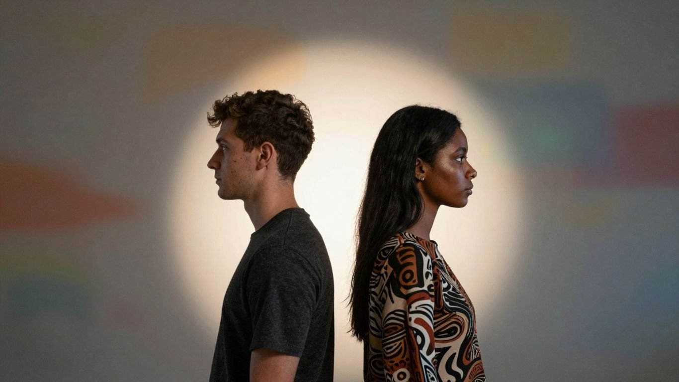 Diverse individuals in spotlight, gender and race themes.