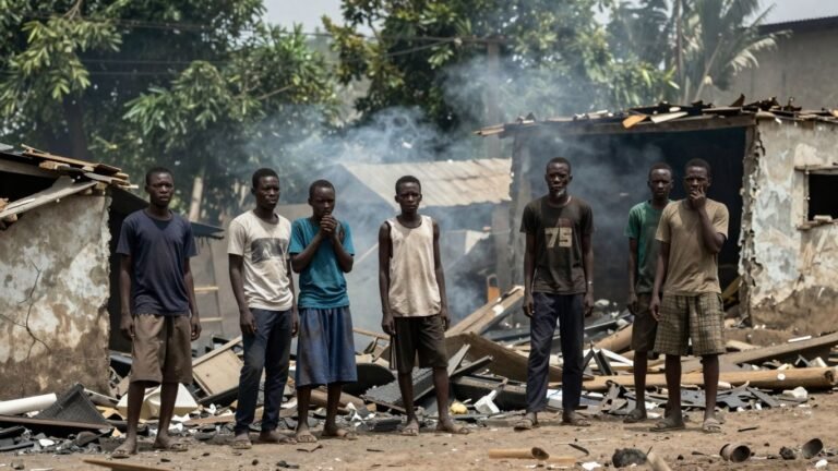 Destroyed Nigerian village after US airstrike, survivors in shock.