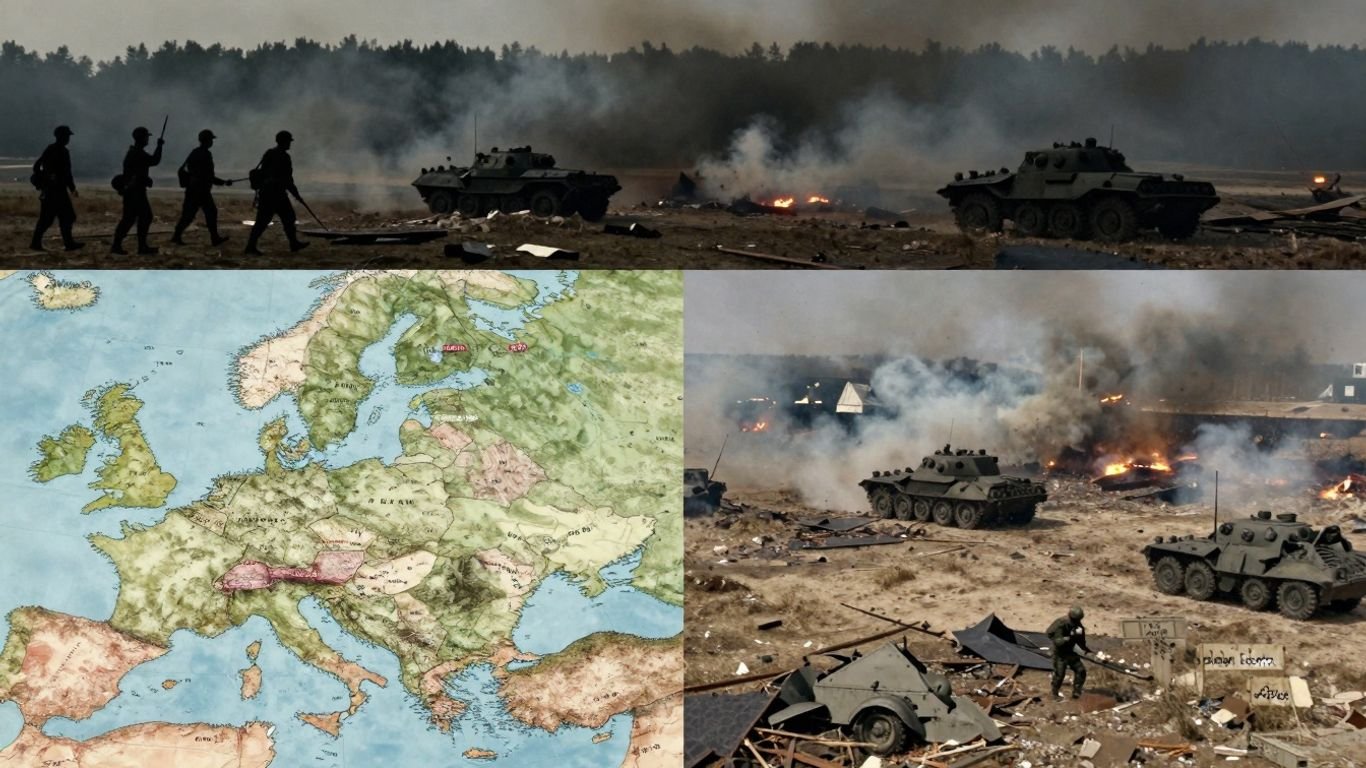 Russia-Ukraine conflict historical and modern imagery.