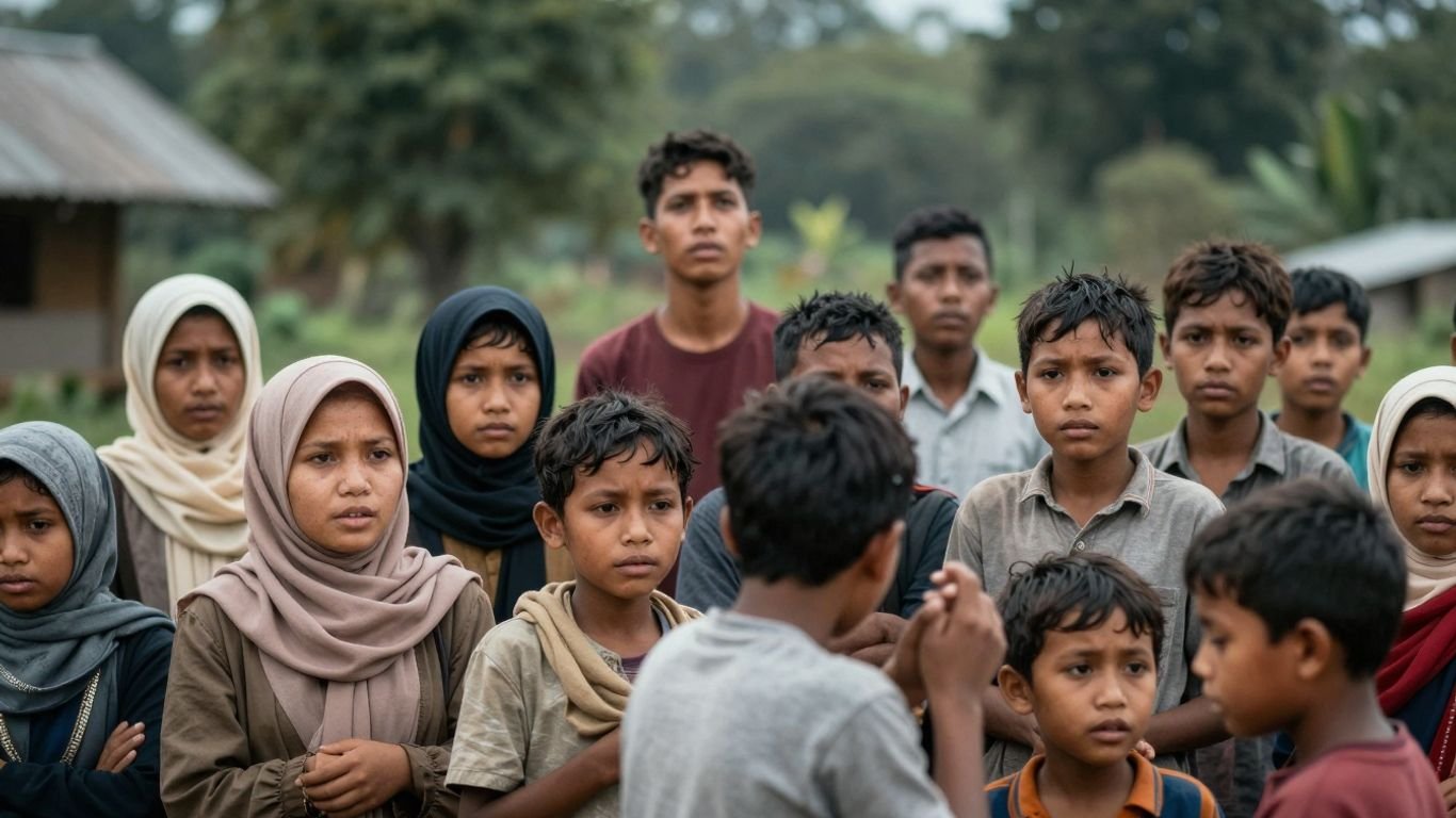 Rohingya refugees looking towards the horizon with hopeful and concerned expressions.
