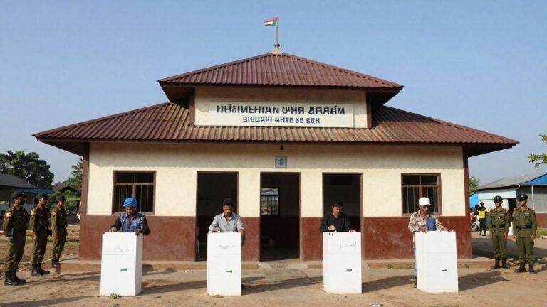 Myanmar election polling station with soldiers outside.