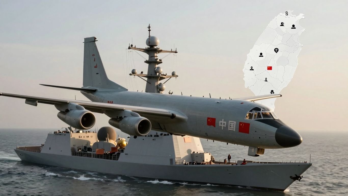 Chinese military aircraft and destroyer near Taiwan.