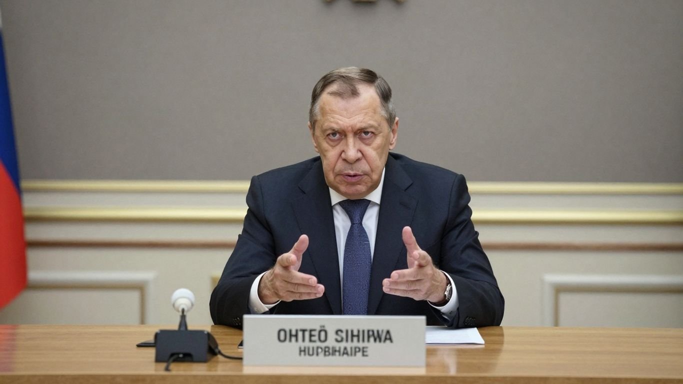 Lavrov speaks at a press conference, serious expression.