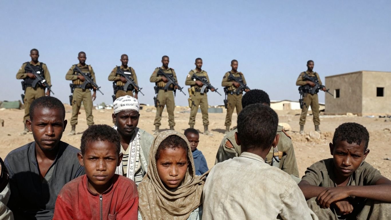 Paramilitary fighters guard displaced survivors in Darfur.