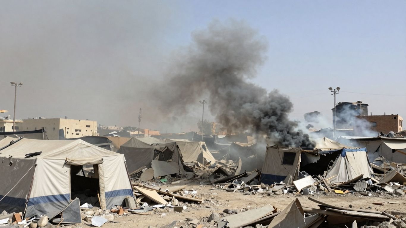 Destroyed encampment in Gaza with smoke and rubble.