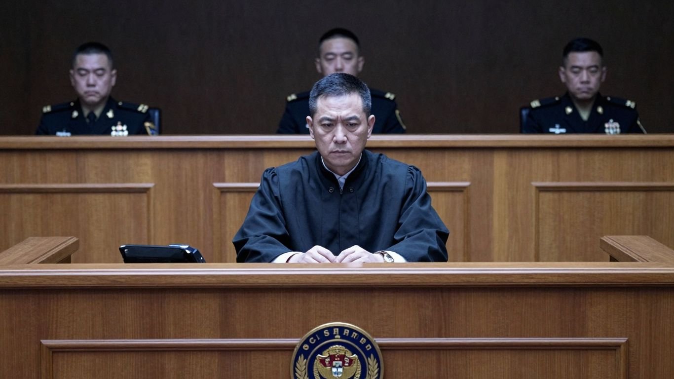 Military tribunal in session, serious atmosphere.