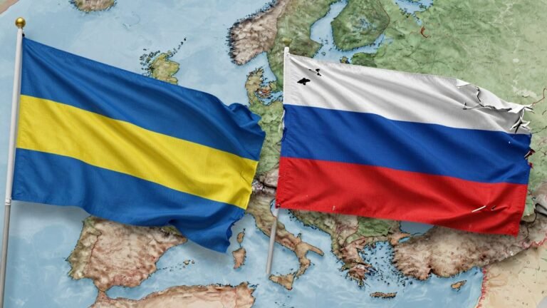 Ukrainian and Russian flags with a disputed map background.