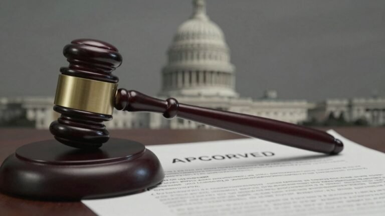 Gavel striking sound block, Capitol building background.