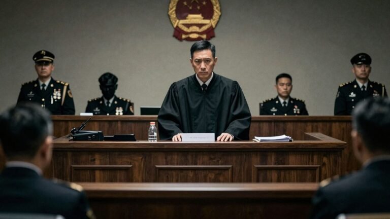 Military tribunal in session, serious atmosphere.