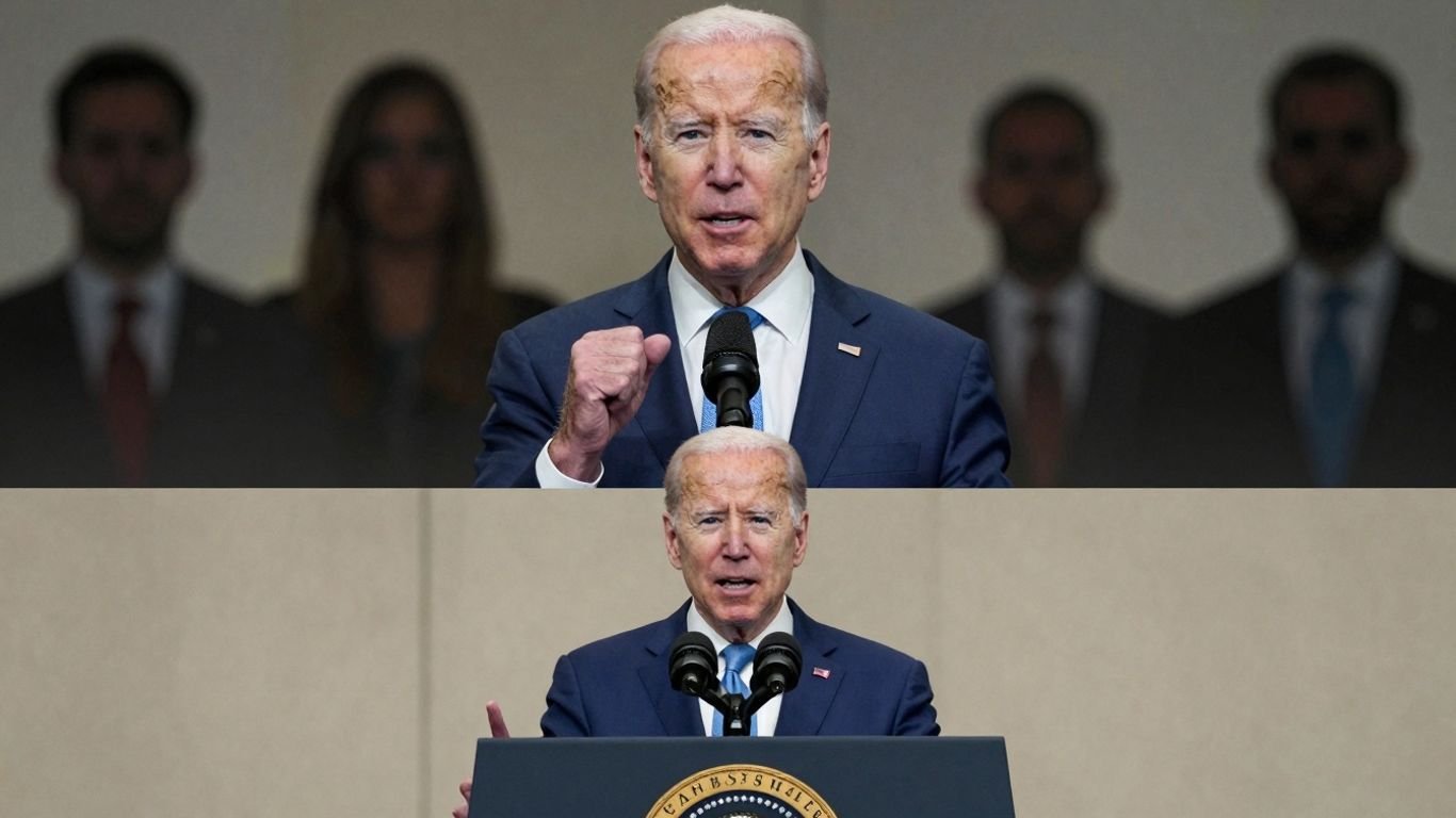 President Biden speaking, contrasted with cartel imagery.