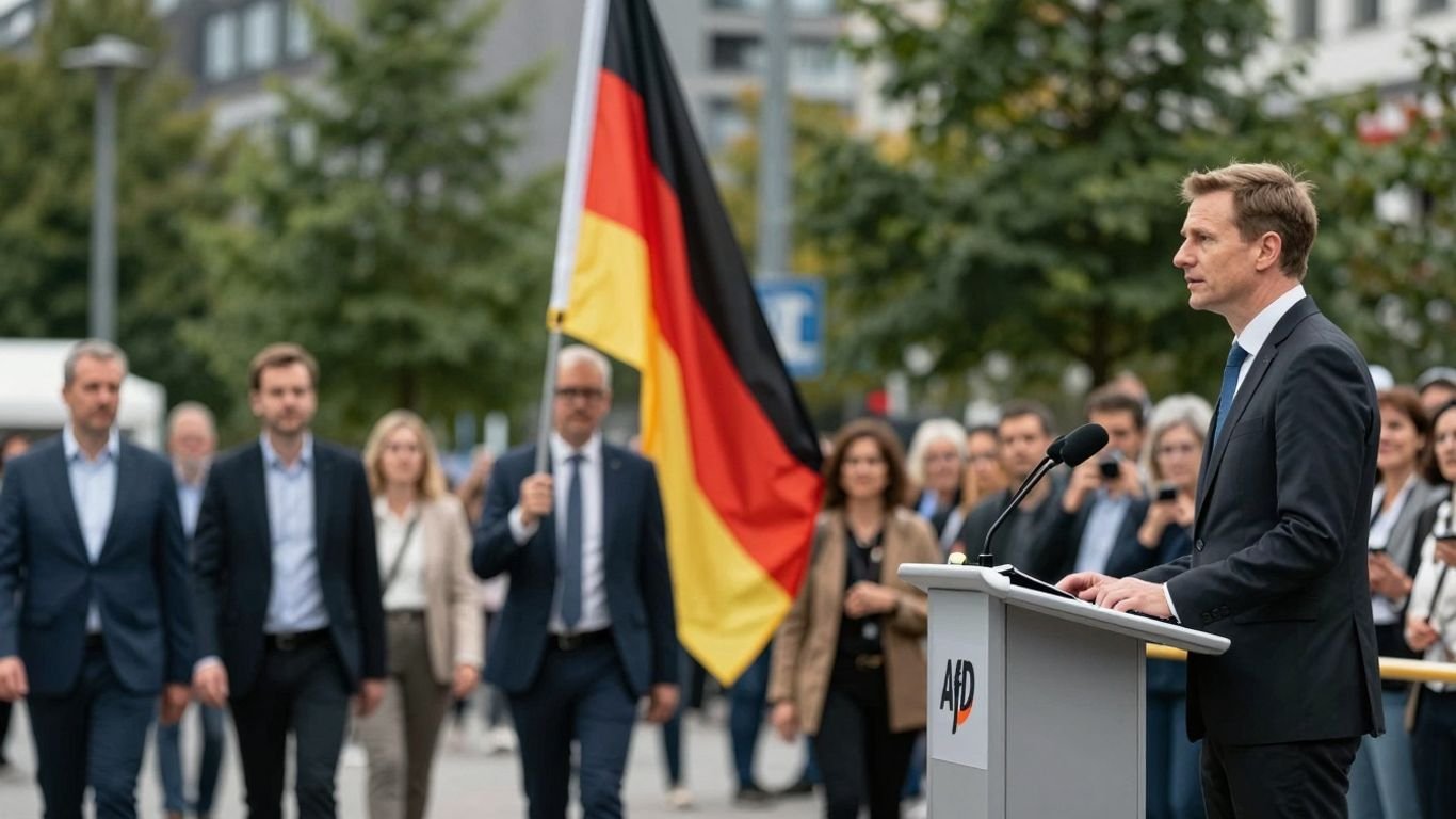 German immigration and AfD politician speaking to crowd.