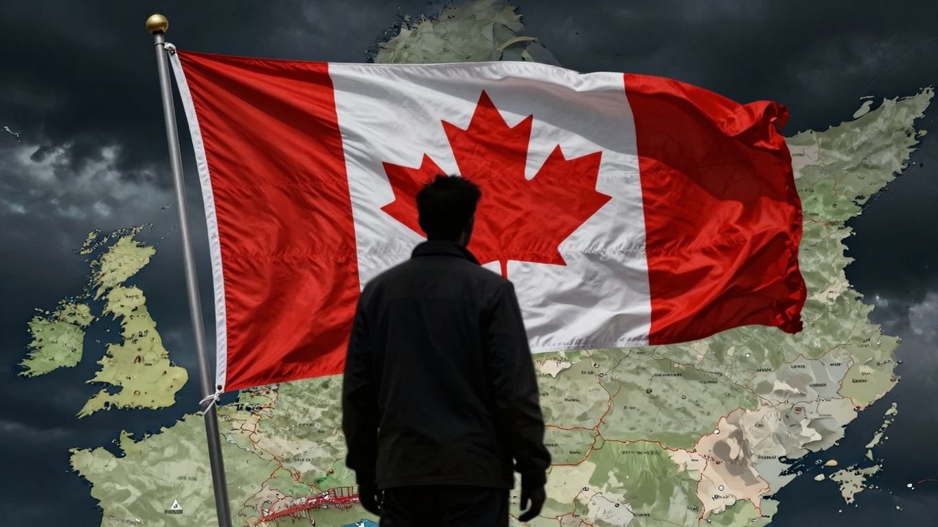 Canadian flag upside down over Syria map.