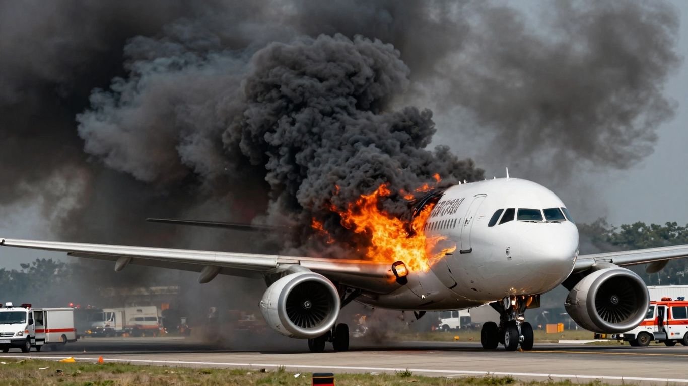 Plane on fire with smoke and flames.