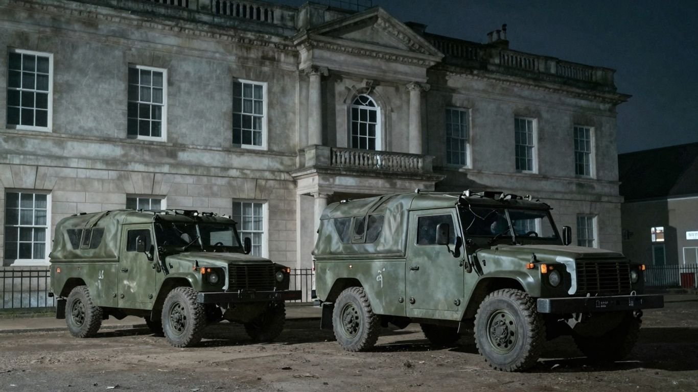 British Army vehicle near a shadowy, imposing building.