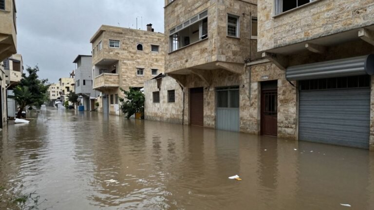 Flooded street in Gaza during a winter storm.