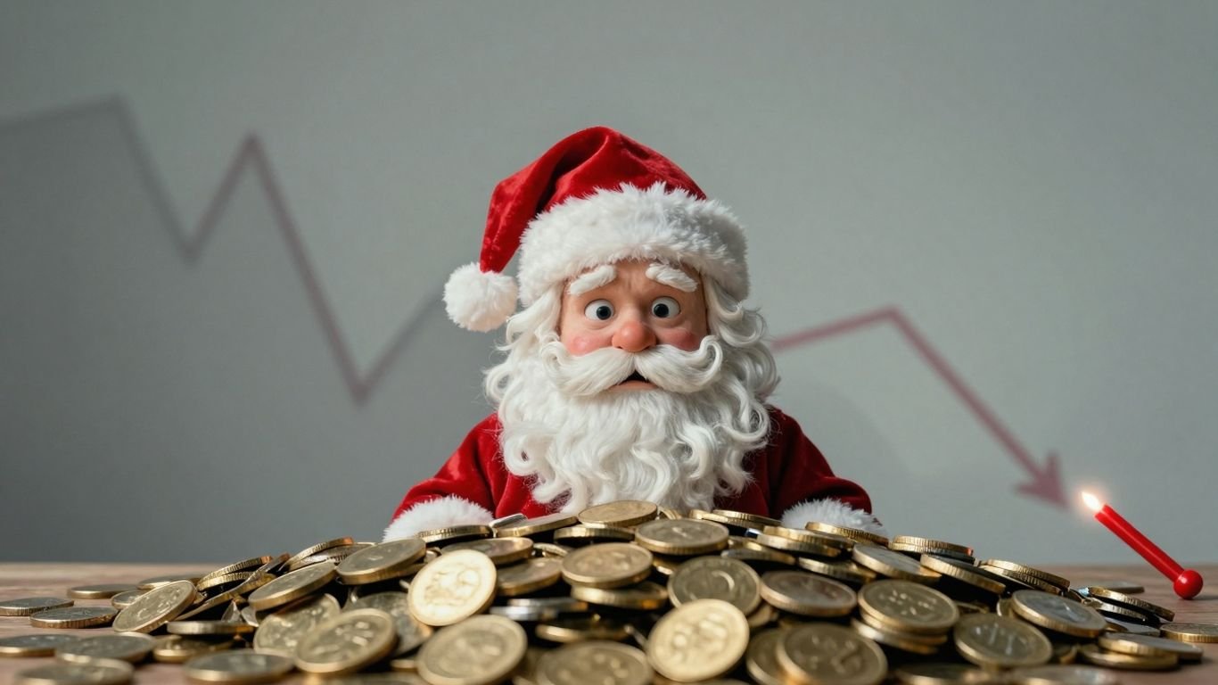 Santa Claus and gold coins with a shadowy market below.