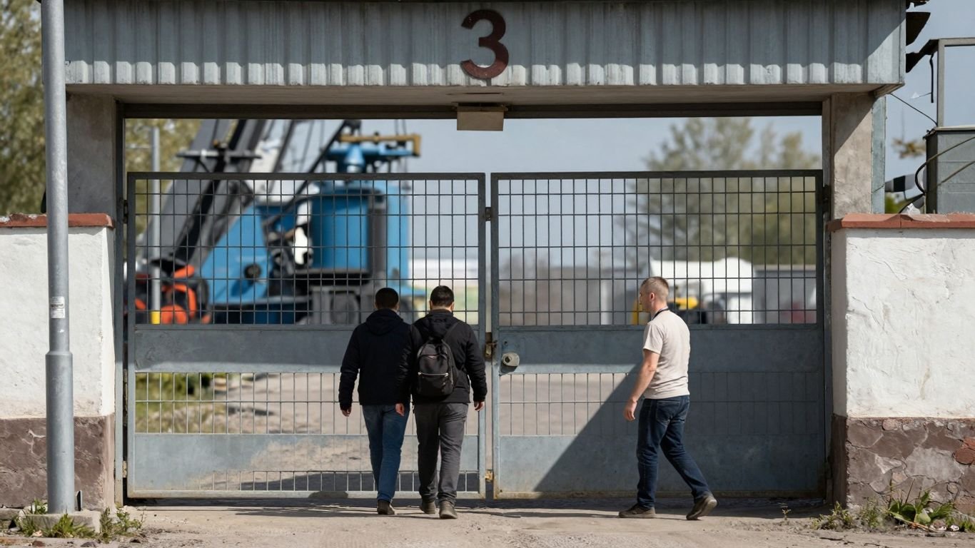 Belarus prison gate opens, prisoners walk out.