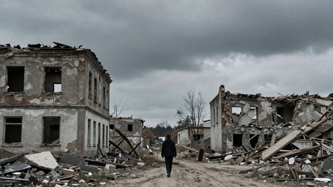 Ruined buildings and a desolate landscape from the Bosnia War.