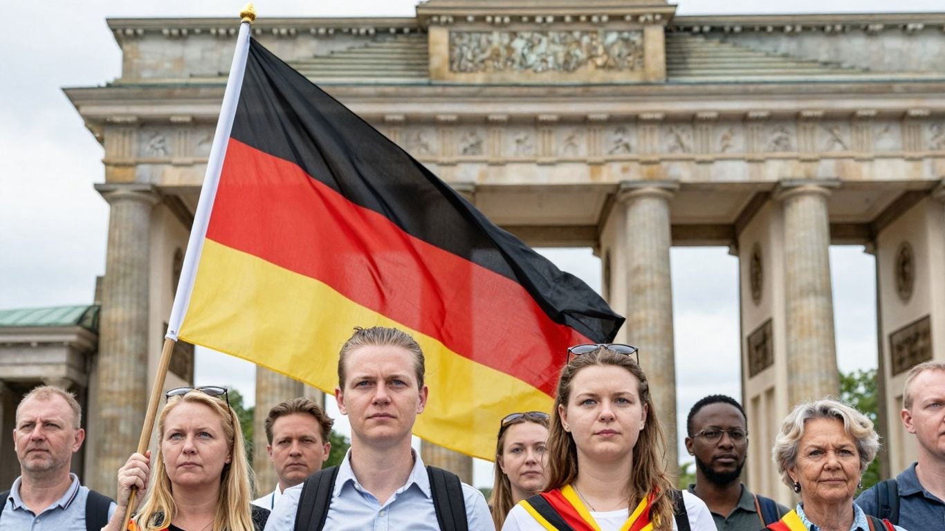 German flag and Brandenburg Gate with diverse people.