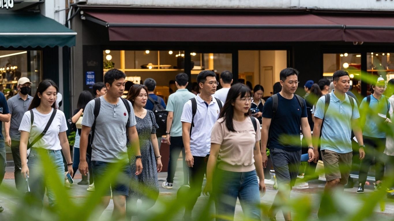 Busy street with people shopping and buildings lit up.