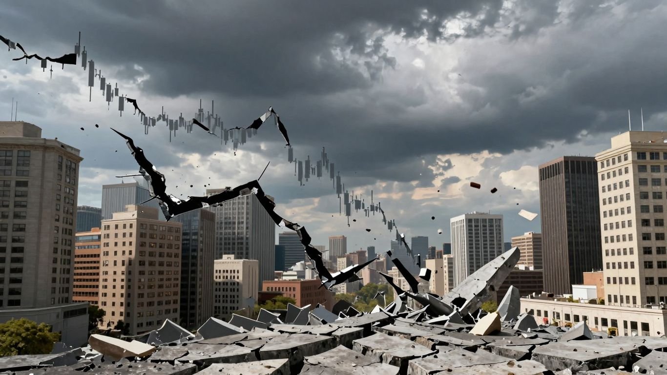 Stock market crash leading to a crumbling city.