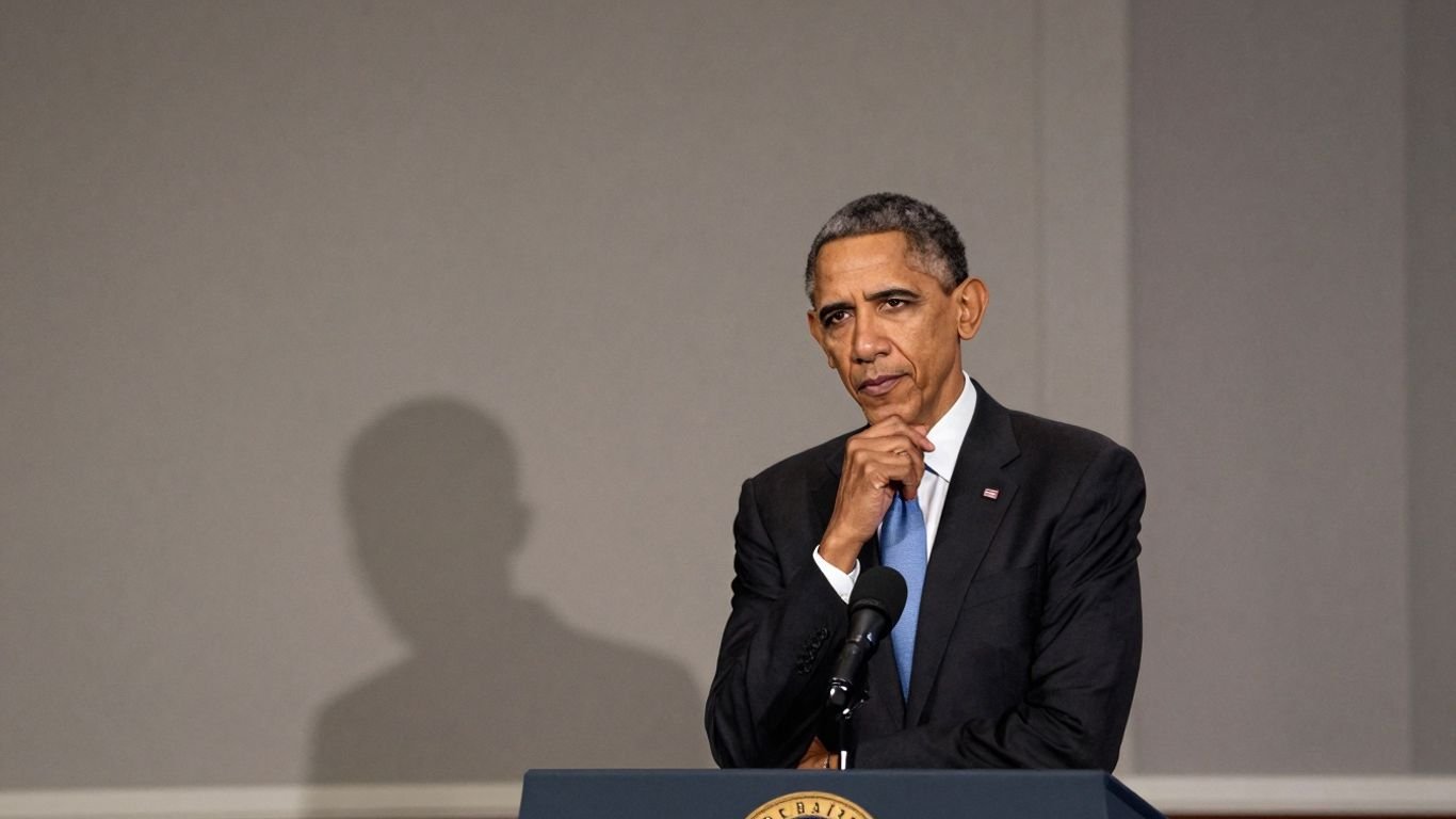 Barack Obama looking thoughtful at an empty podium.