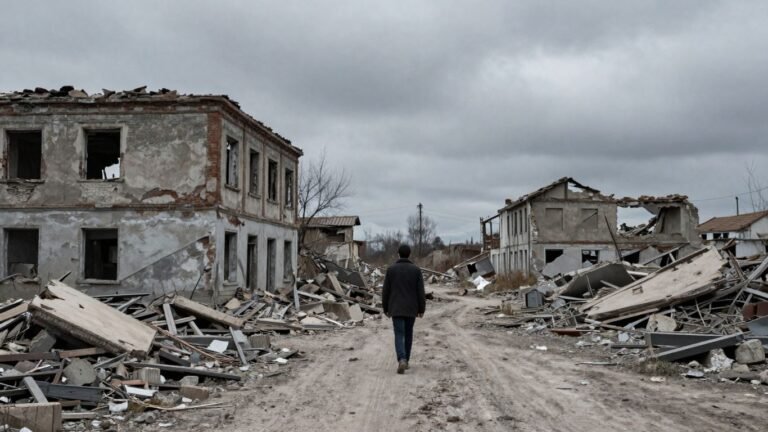 Ruined buildings and a desolate landscape from the Bosnia War.