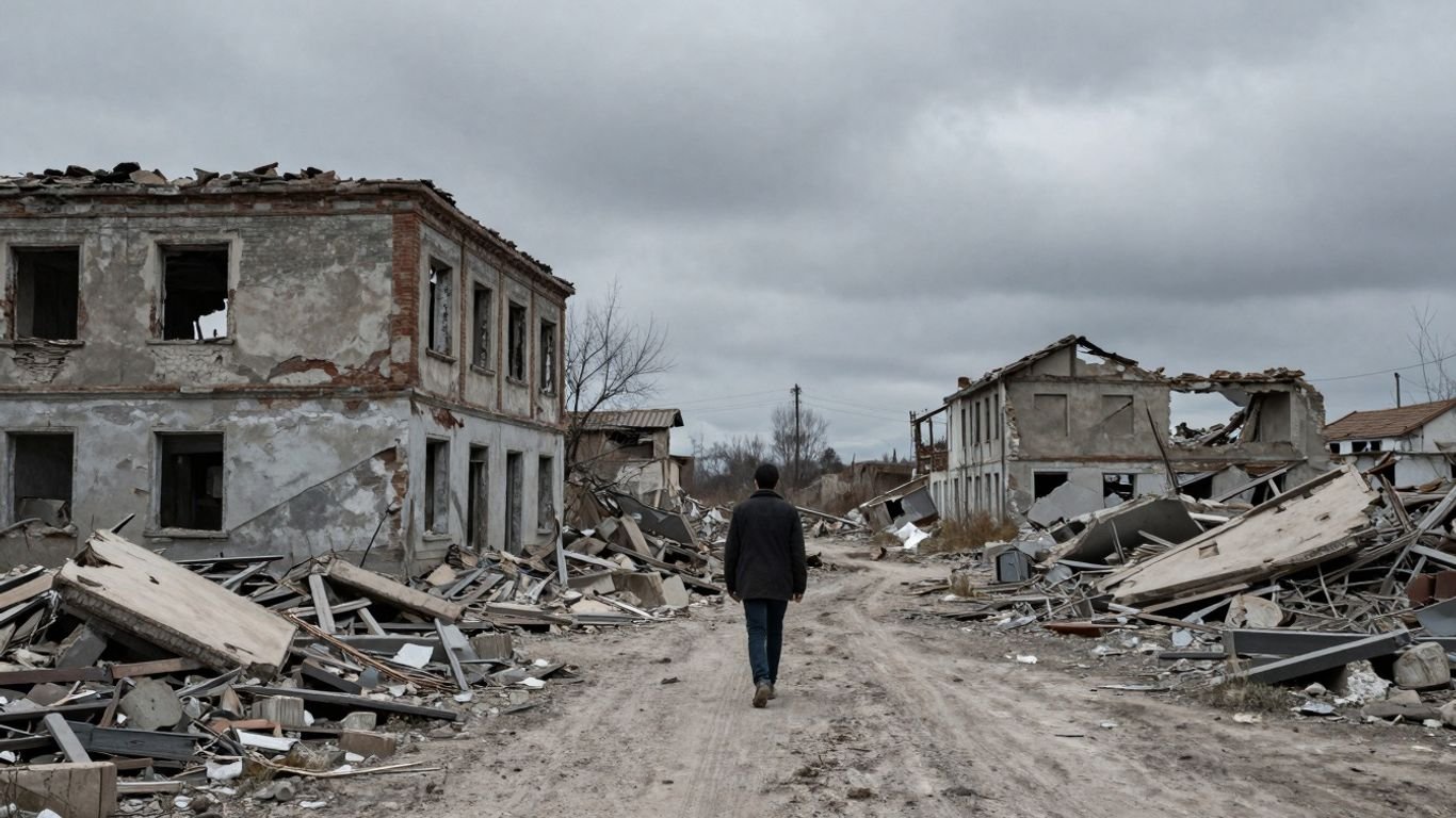 Ruined buildings and a desolate landscape from the Bosnia War.
