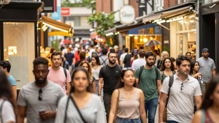 Busy street with people shopping and buildings lit up.