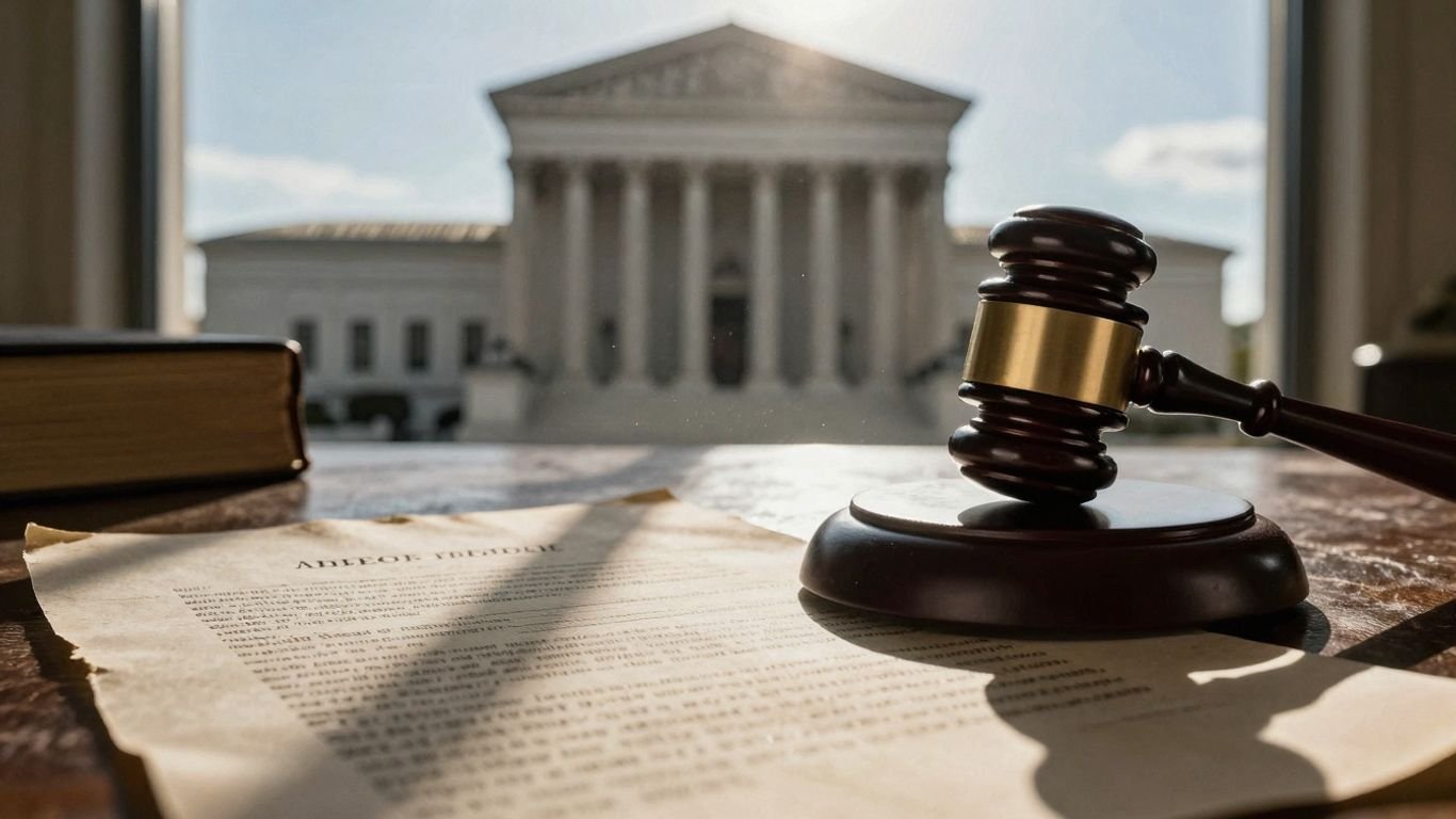 Gavel on legal document with Supreme Court building silhouette.