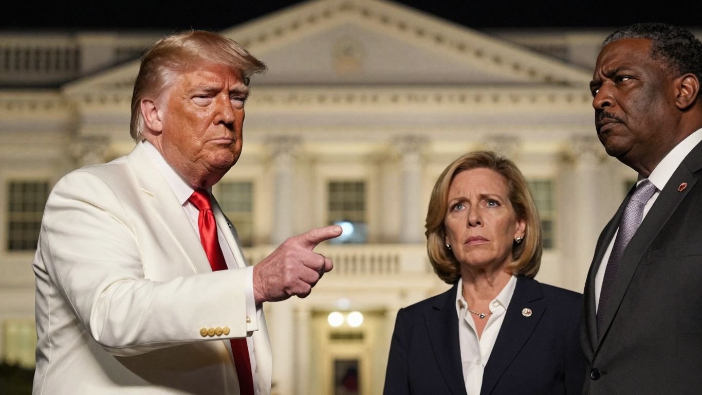 Trump pointing at Pam Bondi and Kash Patel under scrutiny.