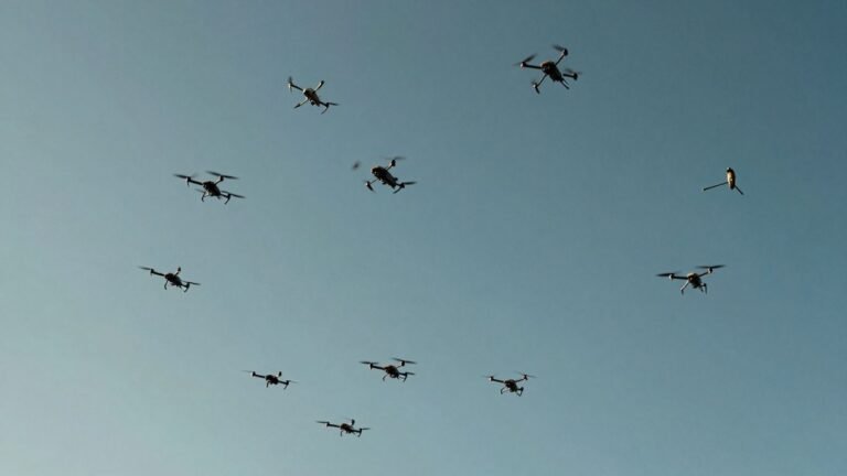 A swarm of drones against a blue sky.
