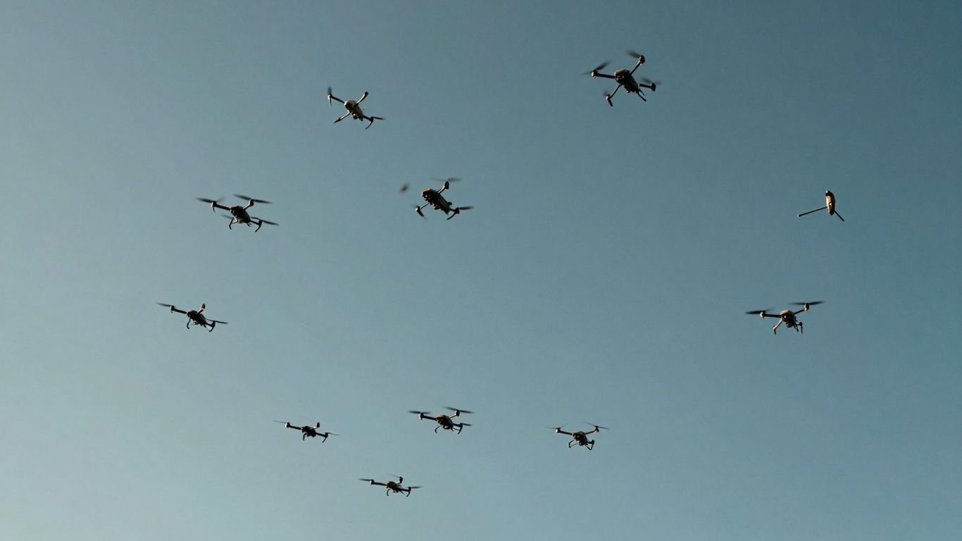 A swarm of drones against a blue sky.