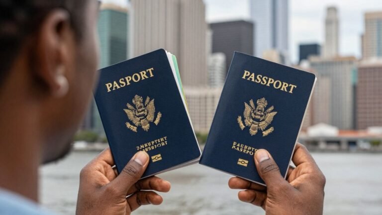Person holding two passports, symbolizing travel and wealth.