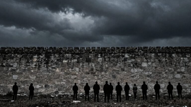 A dark wall with shadowy figures against a stormy sky.