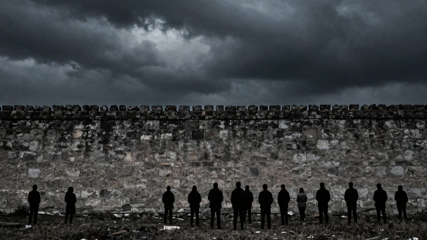 A dark wall with shadowy figures against a stormy sky.