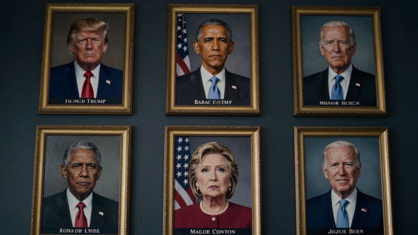 Trump's 'Wall of Shame' with portraits of Obama, Clinton, Biden.