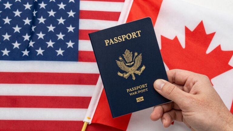 American and Canadian flags with a passport.