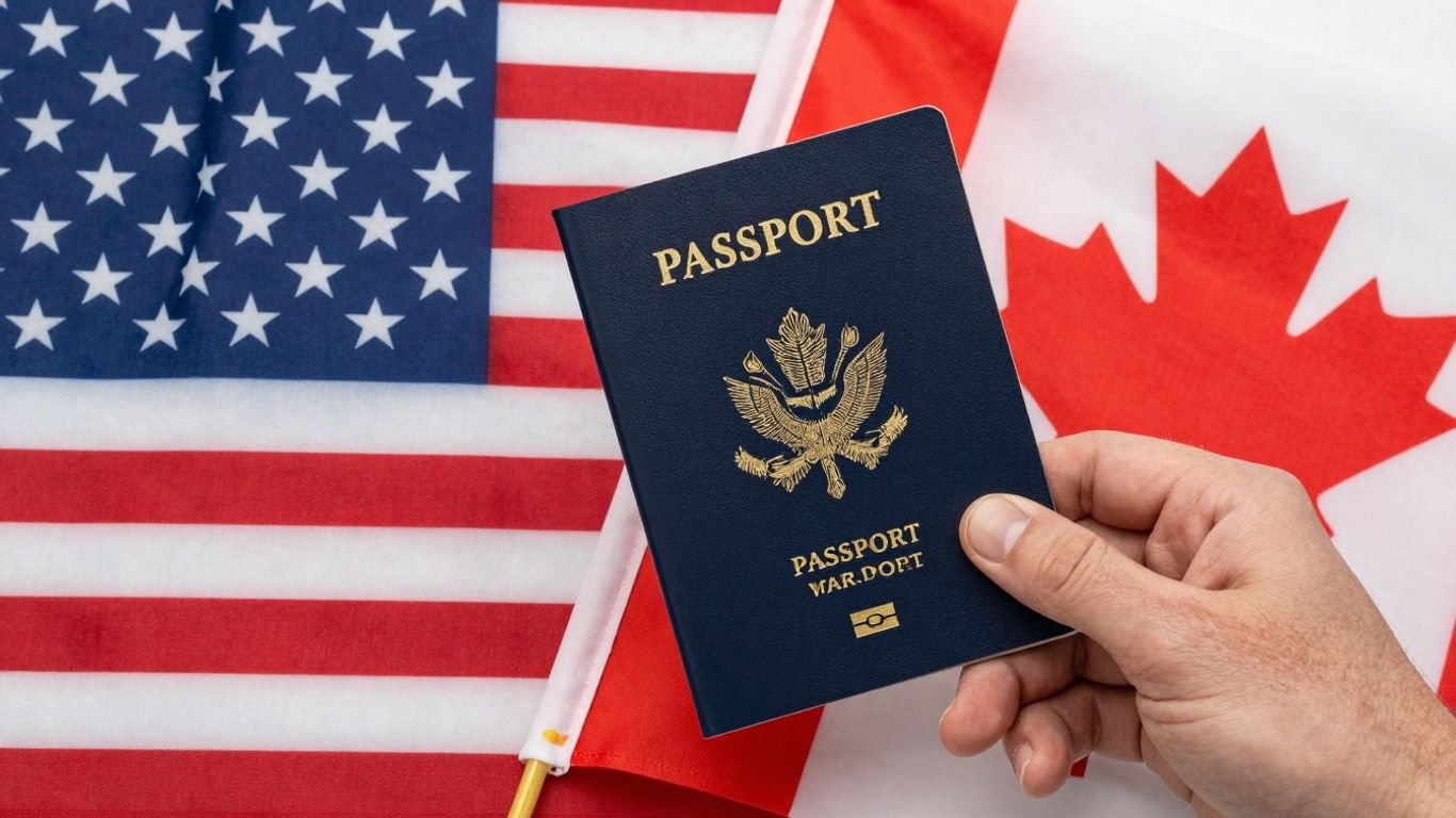 American and Canadian flags with a passport.