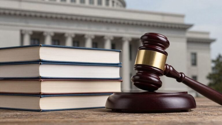 Gavel on legal books with courthouse background.