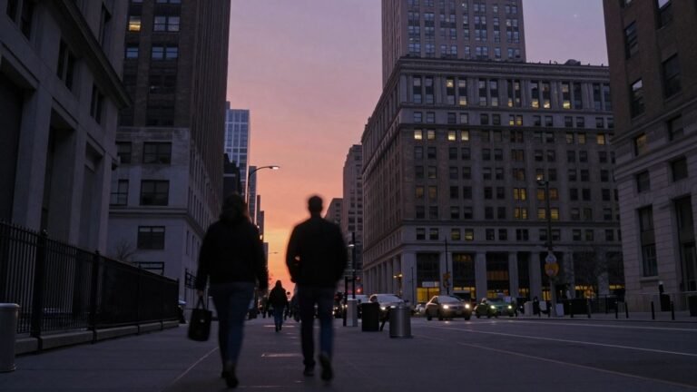 NYC skyline with migrants leaving jail, crime concerns.