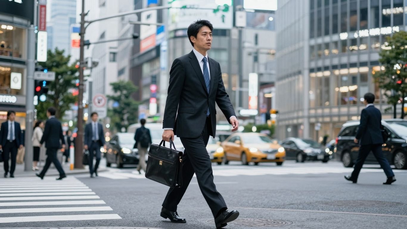 Japanese salaryman walking through a busy city street.