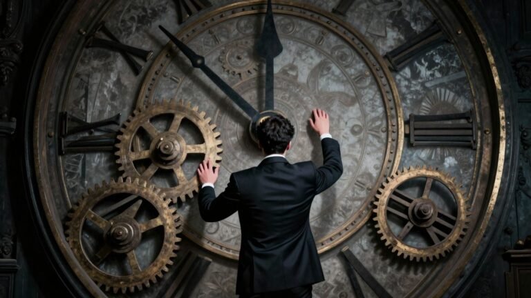 Clock gears and a shadowy figure, symbolizing a stalled investigation.
